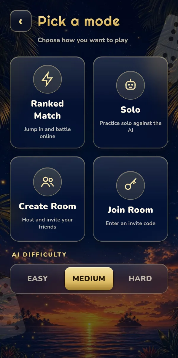 Pick a mode: ranked match, solo vs AI, create or join a room